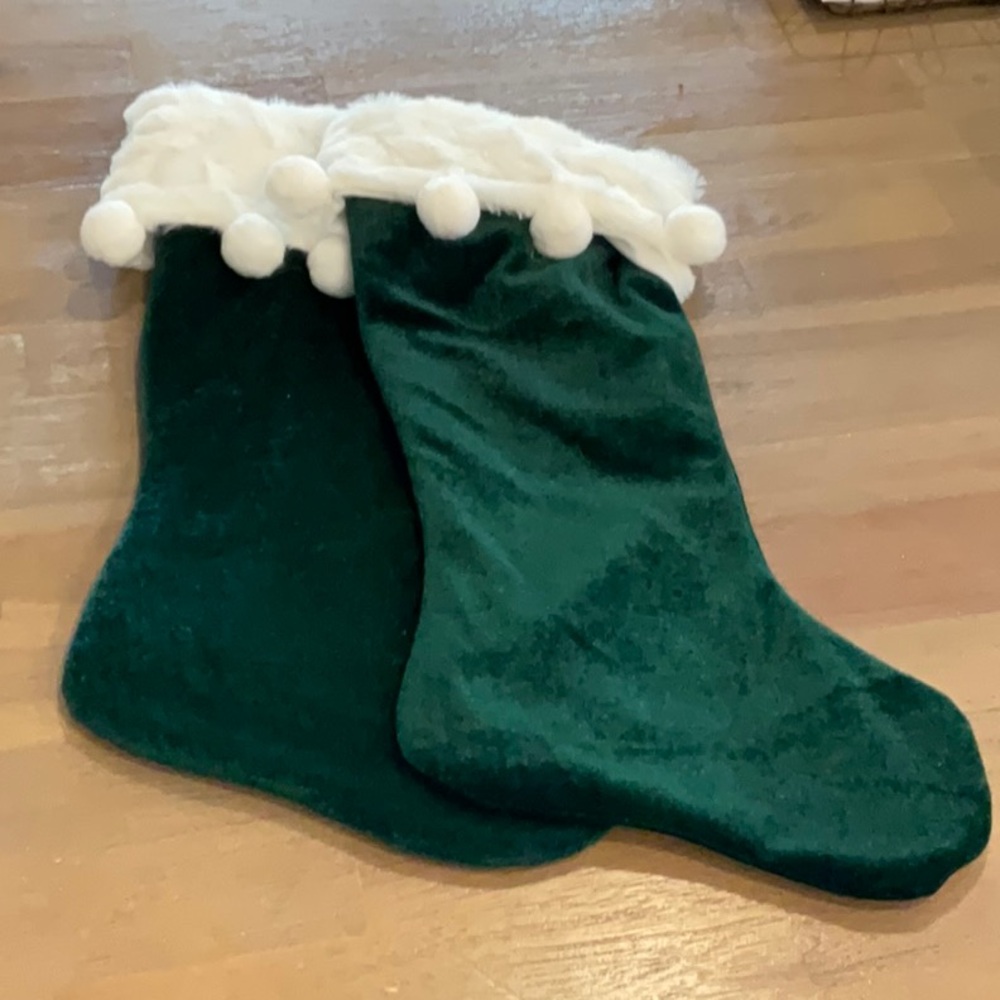 2 Green Christmas Stockings with White Fur Trim